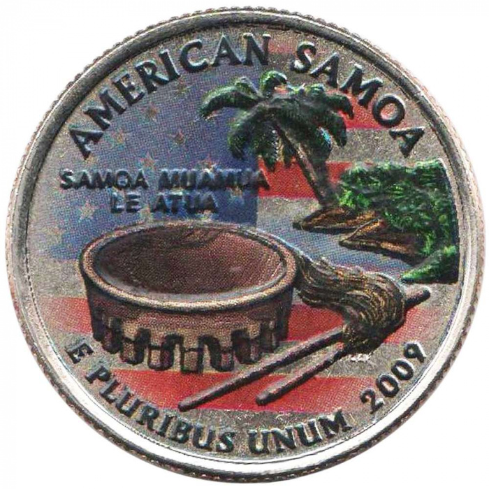 (054p) Монета США 2009 год 25 центов &quot;Американское Самоа&quot;  Вариант №2 Медь-Никель  COLOR. Цветная